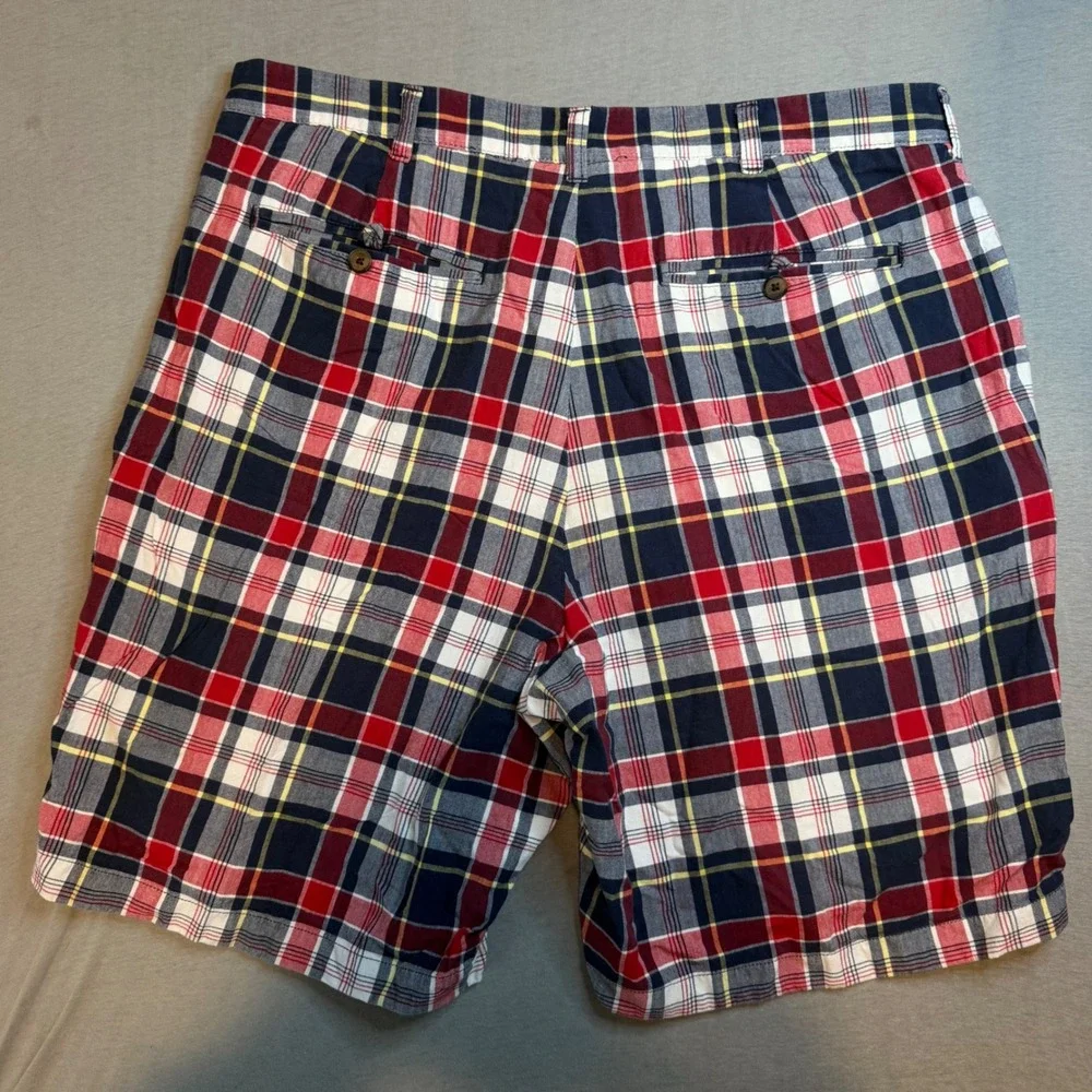 Lands End Mens Plaid Chino Shorts Red Navy Blue White Cotton Size 37 345744